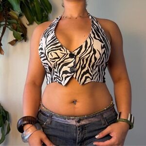 Vintage Styles Zebra Halter Open Back Vest Y2K Indie Sleaze Black White L